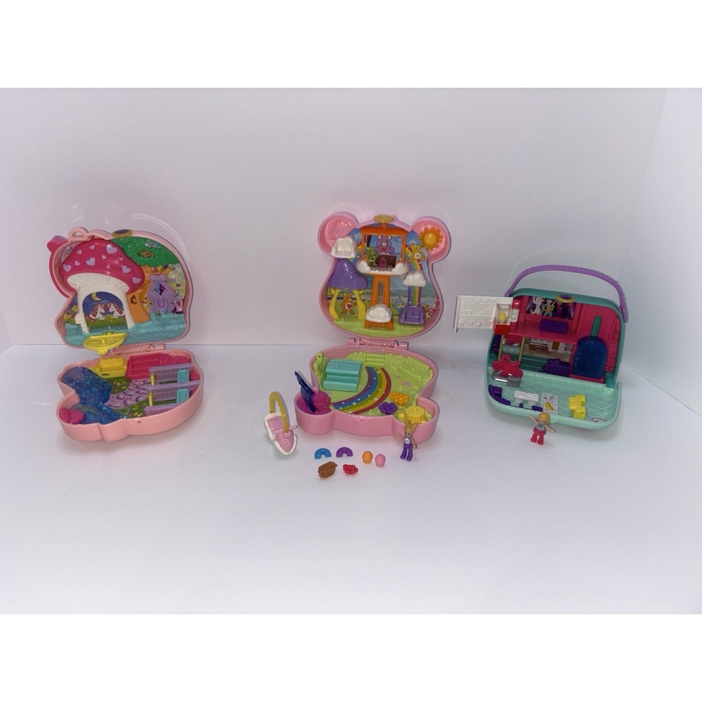 Polly Pocket Compact Playset Lot World Mini Mall Purse Unicorn Care Bear 2 Dolls
